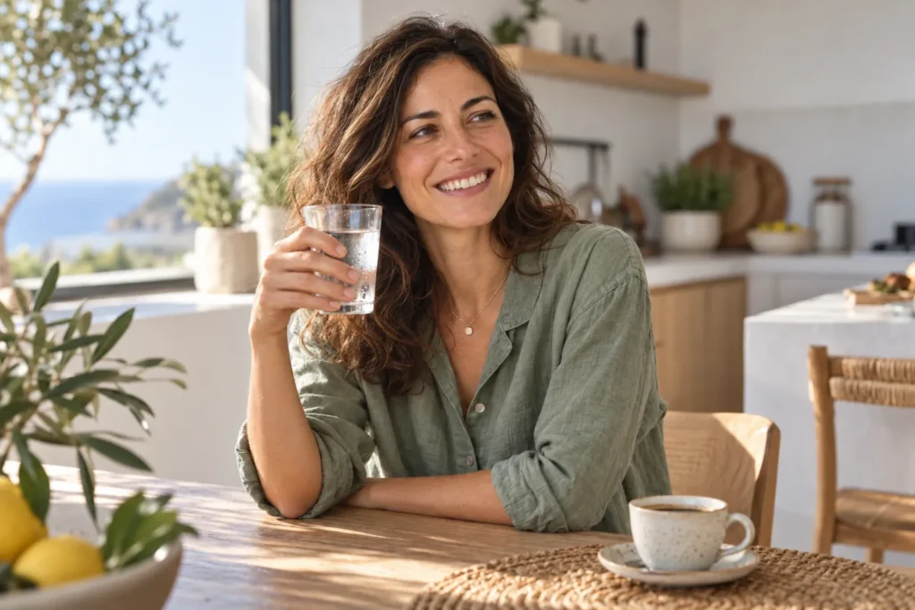 Mujer sonriendo con un vaso de agua en una cocina luminosa, con una taza de café apartada en la mesa