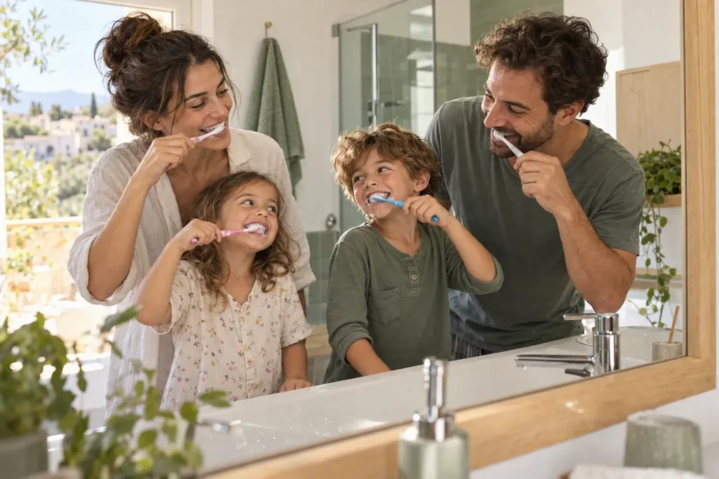 Padres e hijos cepillándose los dientes juntos frente al espejo del baño
