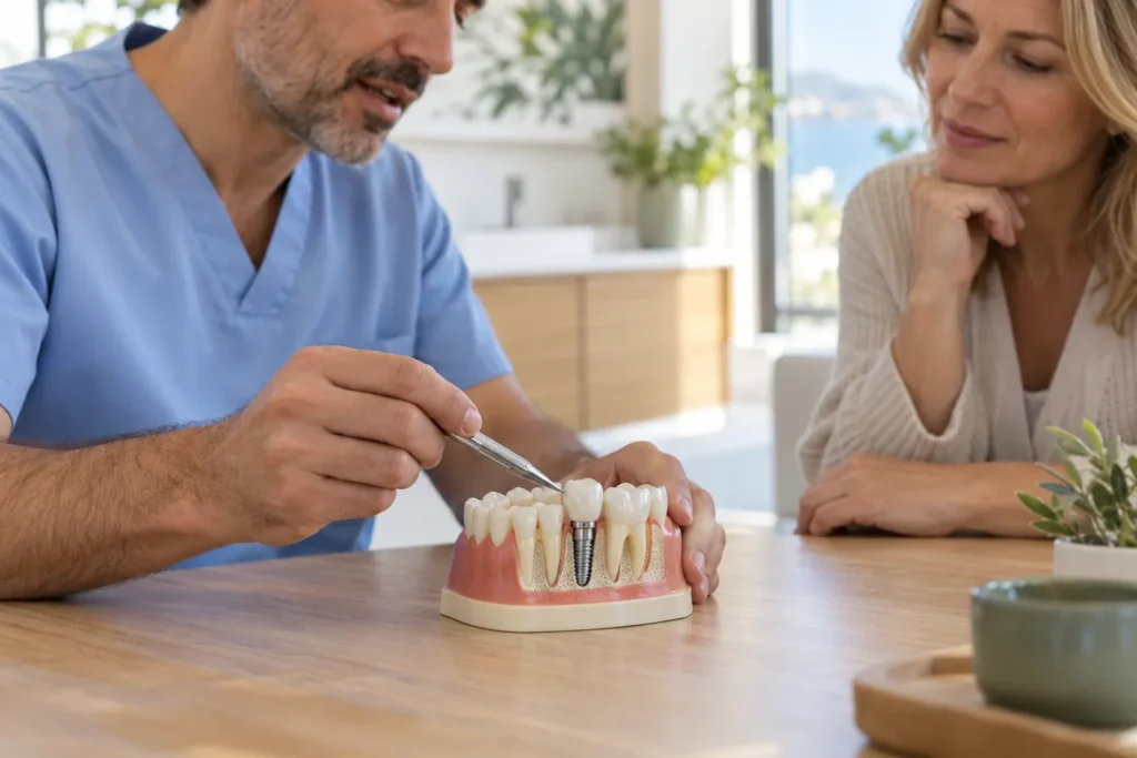 Dentista explicando a una paciente un modelo de implante dental sobre una maqueta de la mandíbula