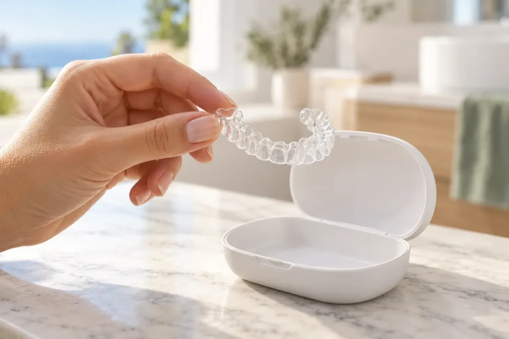 Mano sosteniendo un alineador dental transparente junto a su estuche abierto