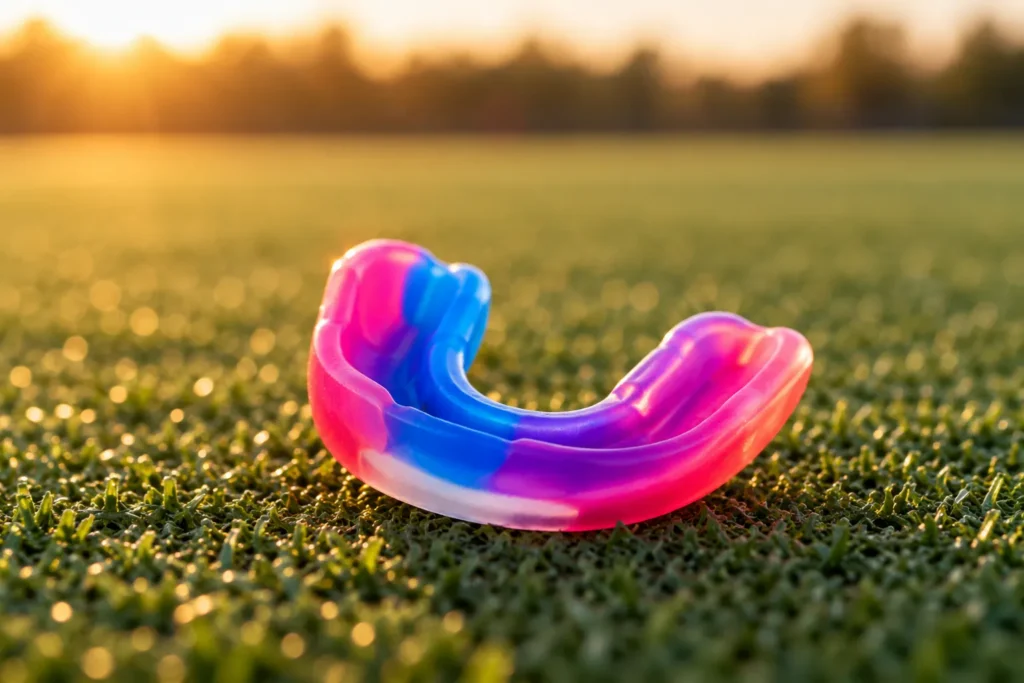 Protector bucal deportivo de colores sobre el césped de un campo al atardecer