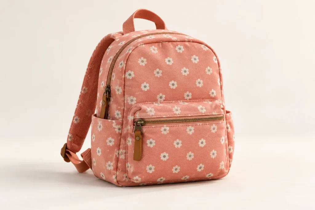 Mochila infantil de color coral con flores, lista para la vuelta al colegio