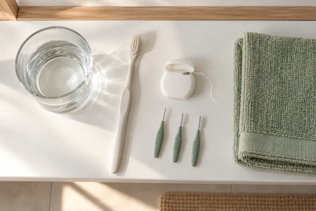 Cepillo de dientes, hilo dental y cepillos interdentales junto a un vaso de agua y una toalla verde